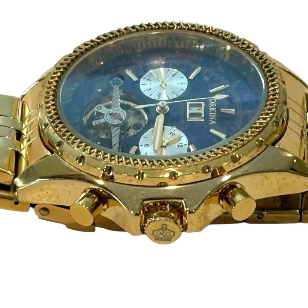 Orkina Men Fashion Chronograph Gold Tone Automatic Analog 49mm Watch 8 3/4